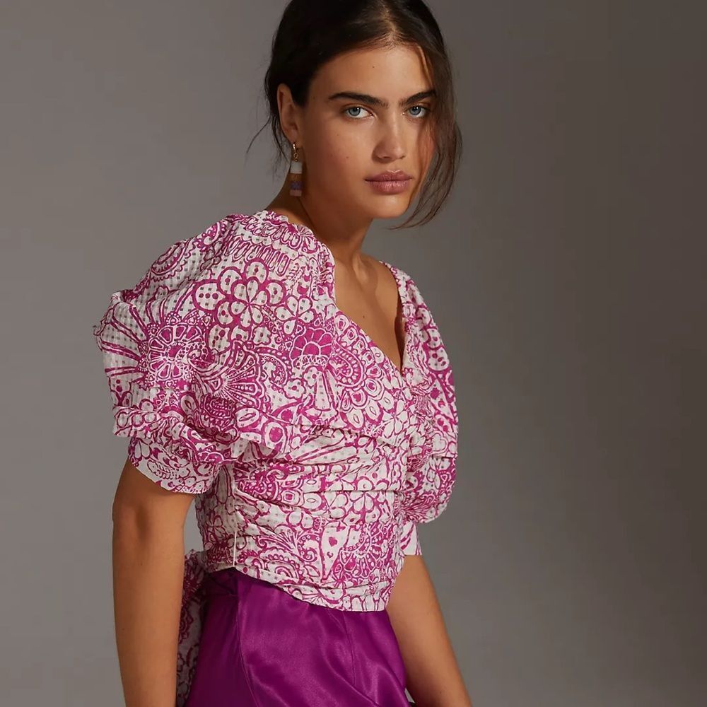 Anthropologie Pink & White Printed Puff-Sleeve Cropped Top